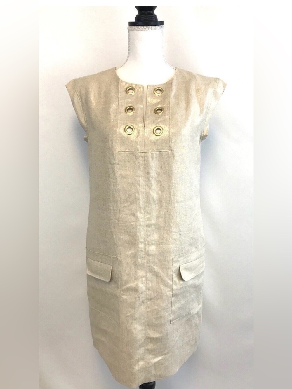 J. Crew Linen Sleeveless Linen Shift Dress with Decorative Eyelets - Cream gold